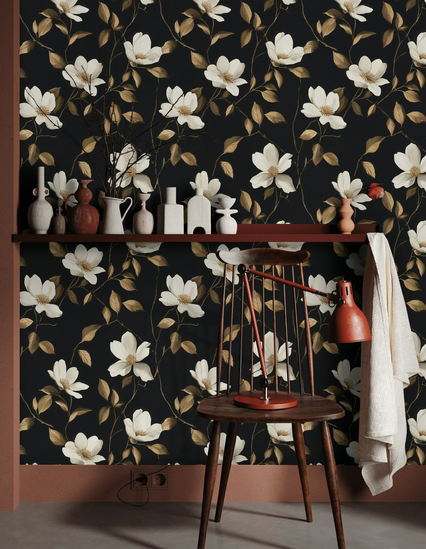 Black Gold Look Floral Wallpaper White Magnolia Wall Mural
