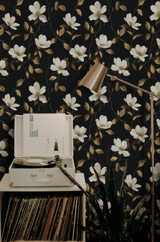 Black Gold Look Floral Wallpaper White Magnolia Wall Mural
