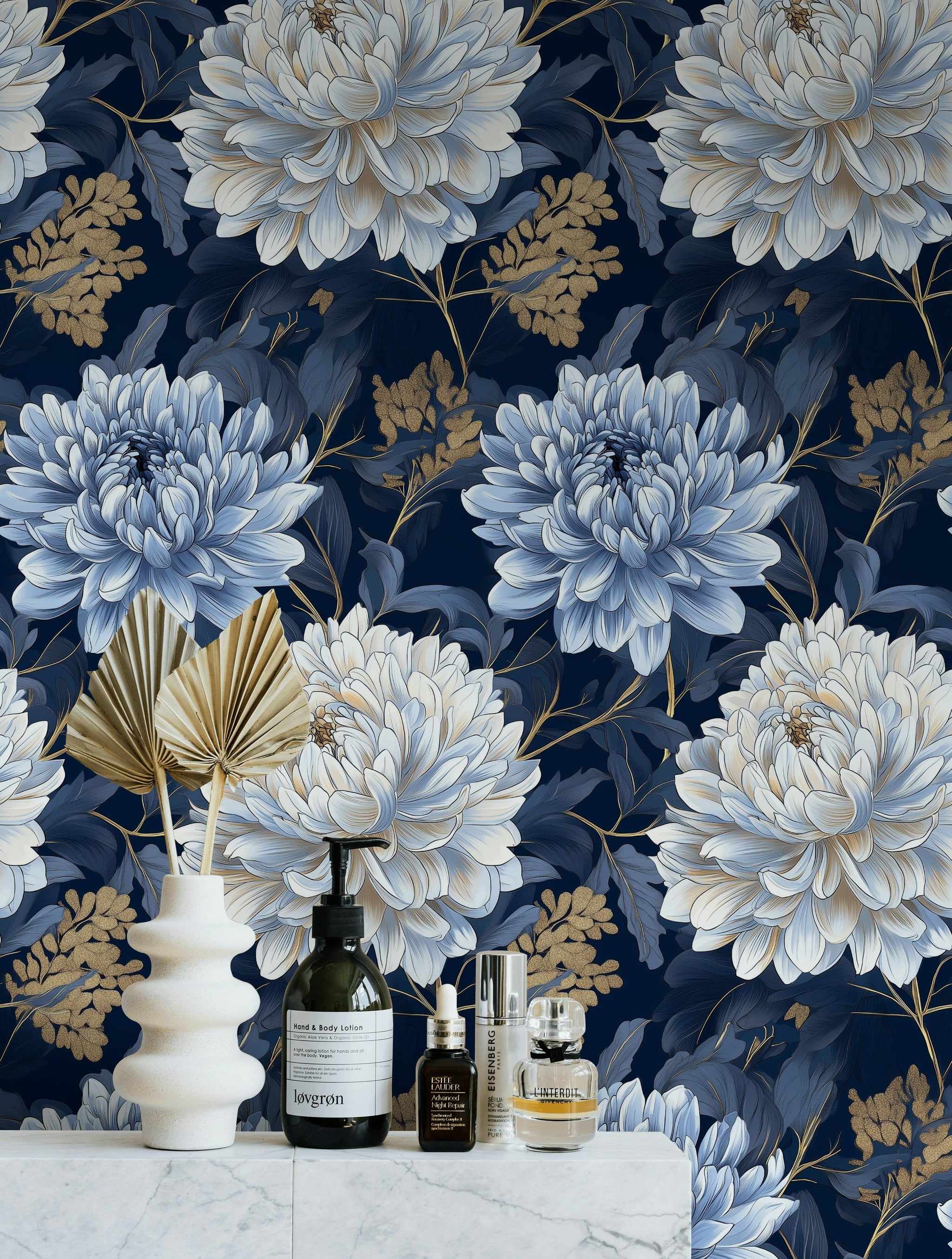 Midnight Blue Large Bloom Floral Wallpaper