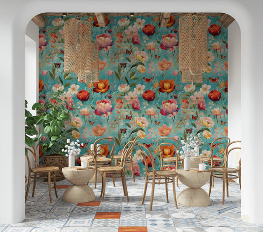Teal Floral Butterfly Wallpaper Mural Boho Chic Wall Decor