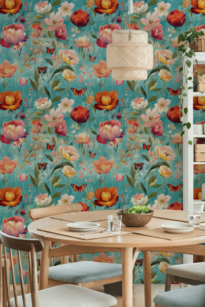 Vibrant Blue Multicolor Floral and Butterfly Wallpaper