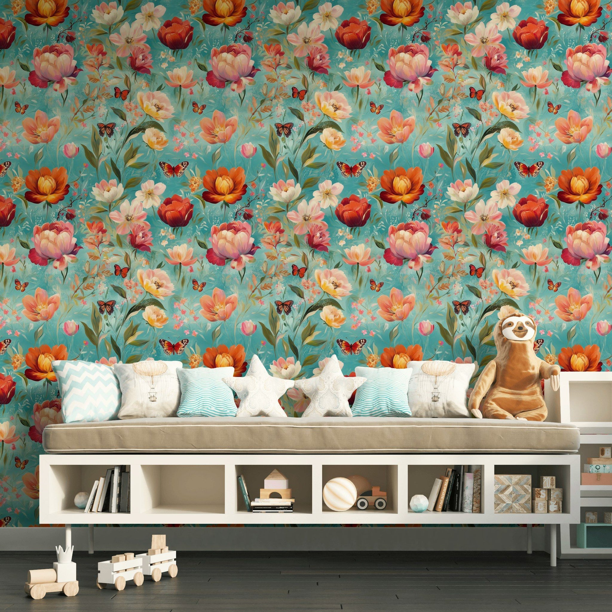 Vibrant Blue Multicolor Floral and Butterfly Wallpaper