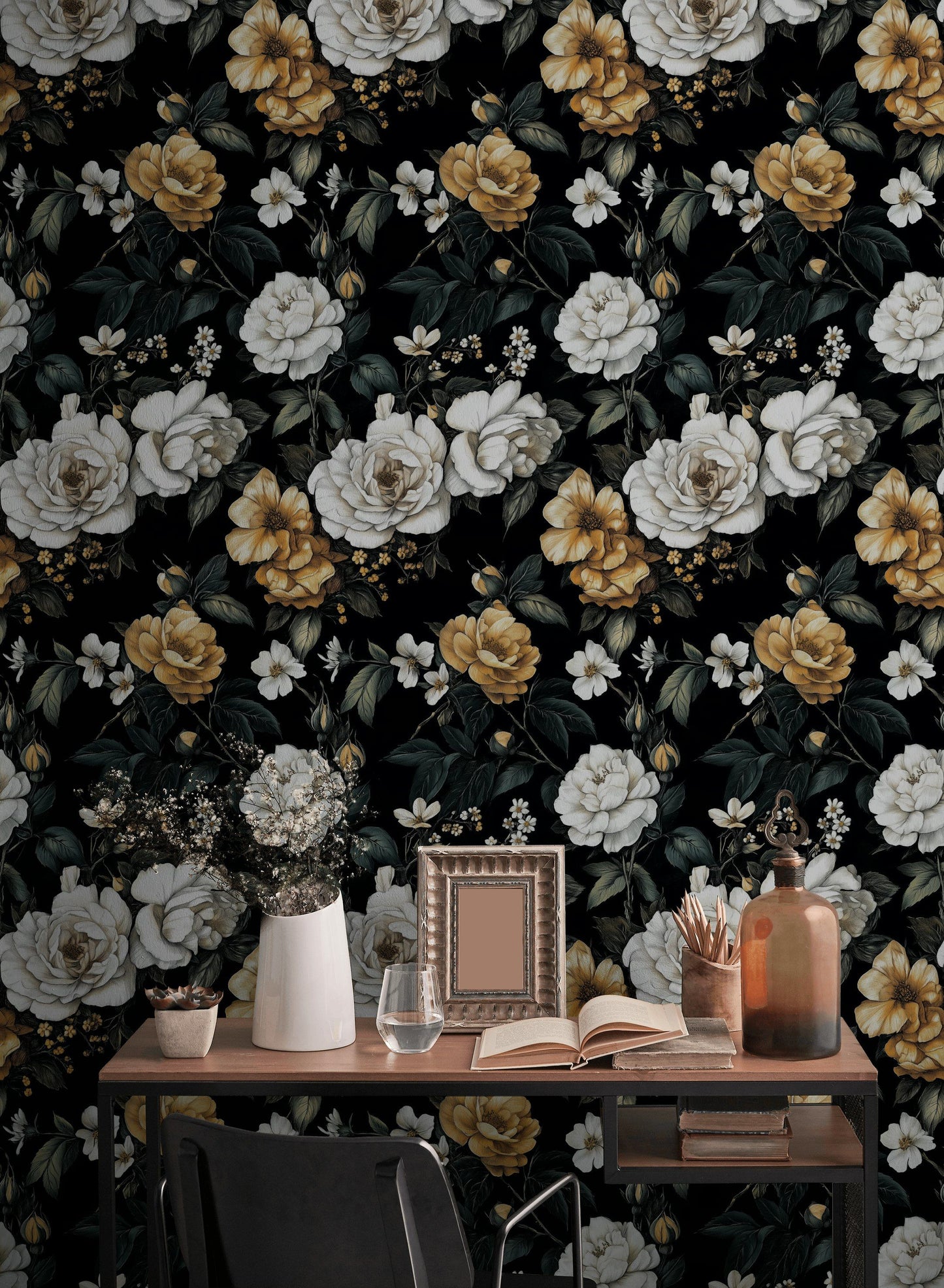 Black Gold Floral Wallpaper Dramatic White Blooms Wall Mural