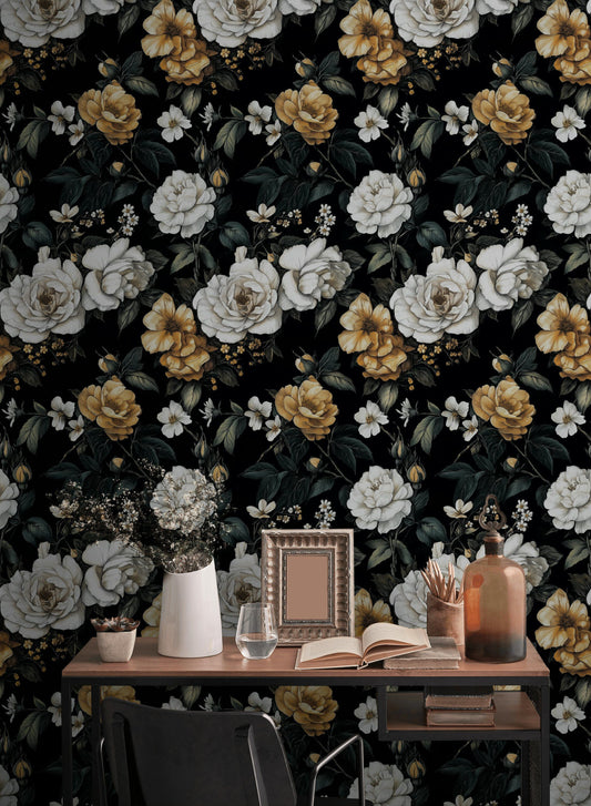 Black Gold Floral Wallpaper Dramatic White Blooms Wall Mural