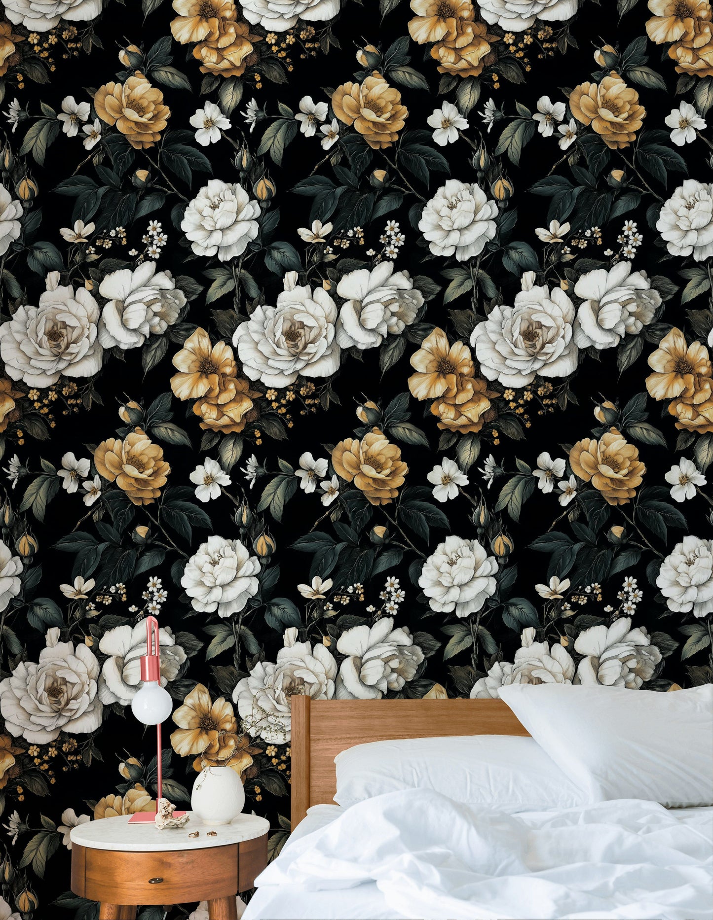 Black Gold Floral Wallpaper Dramatic White Blooms Wall Mural