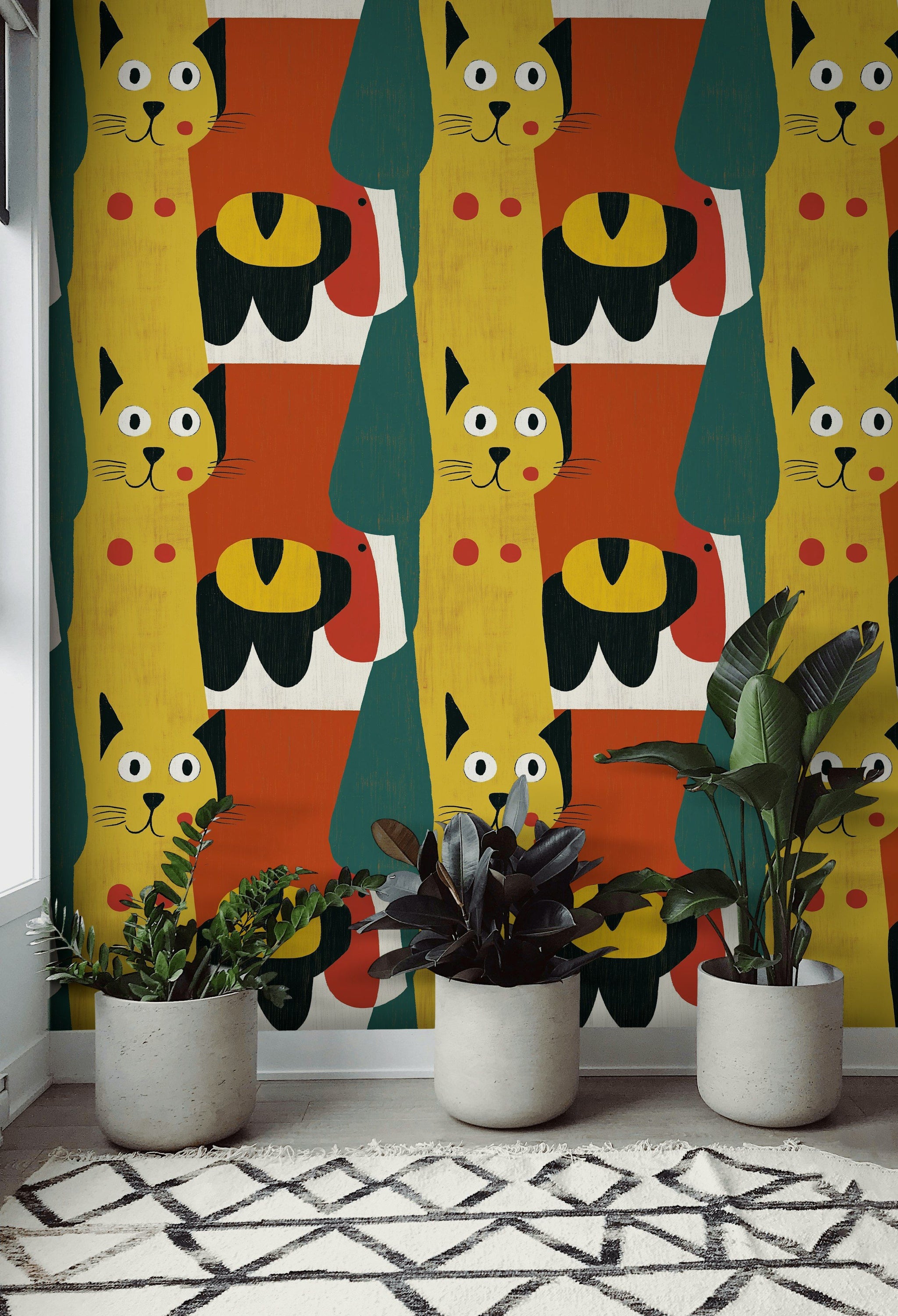 Playful Orange Cat and Dog Kids Wallpaper