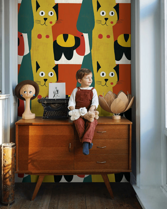 Retro Cat Wallpaper Wall Mural Mid-Century Modern Feline Decor