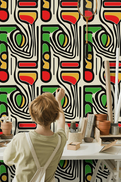 Beige and Multicolor Abstract Geometric Wallpaper