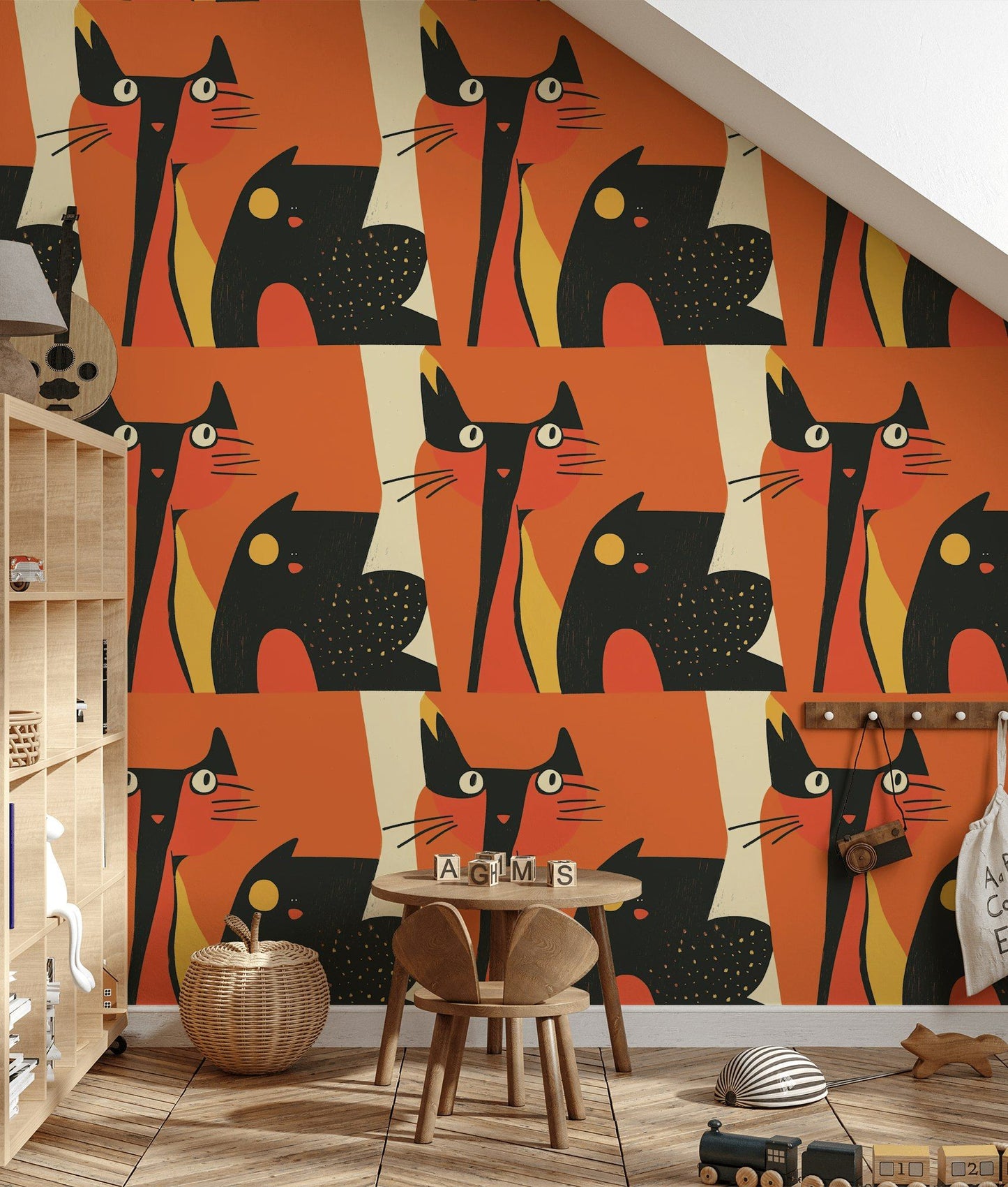 Retro Cat Abstract Wallpaper Orange Wall Mural