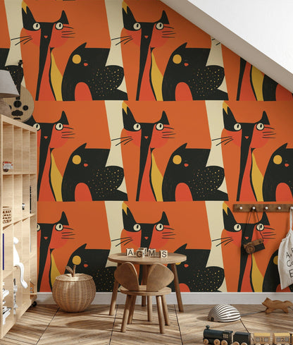 Vibrant Orange Abstract Cat Pattern Wallpaper