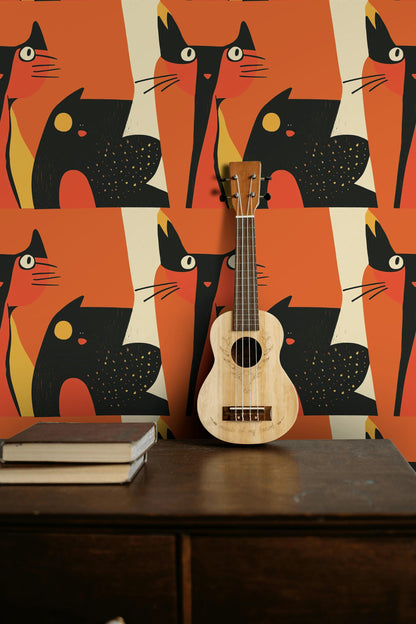 Vibrant Orange Abstract Cat Pattern Wallpaper