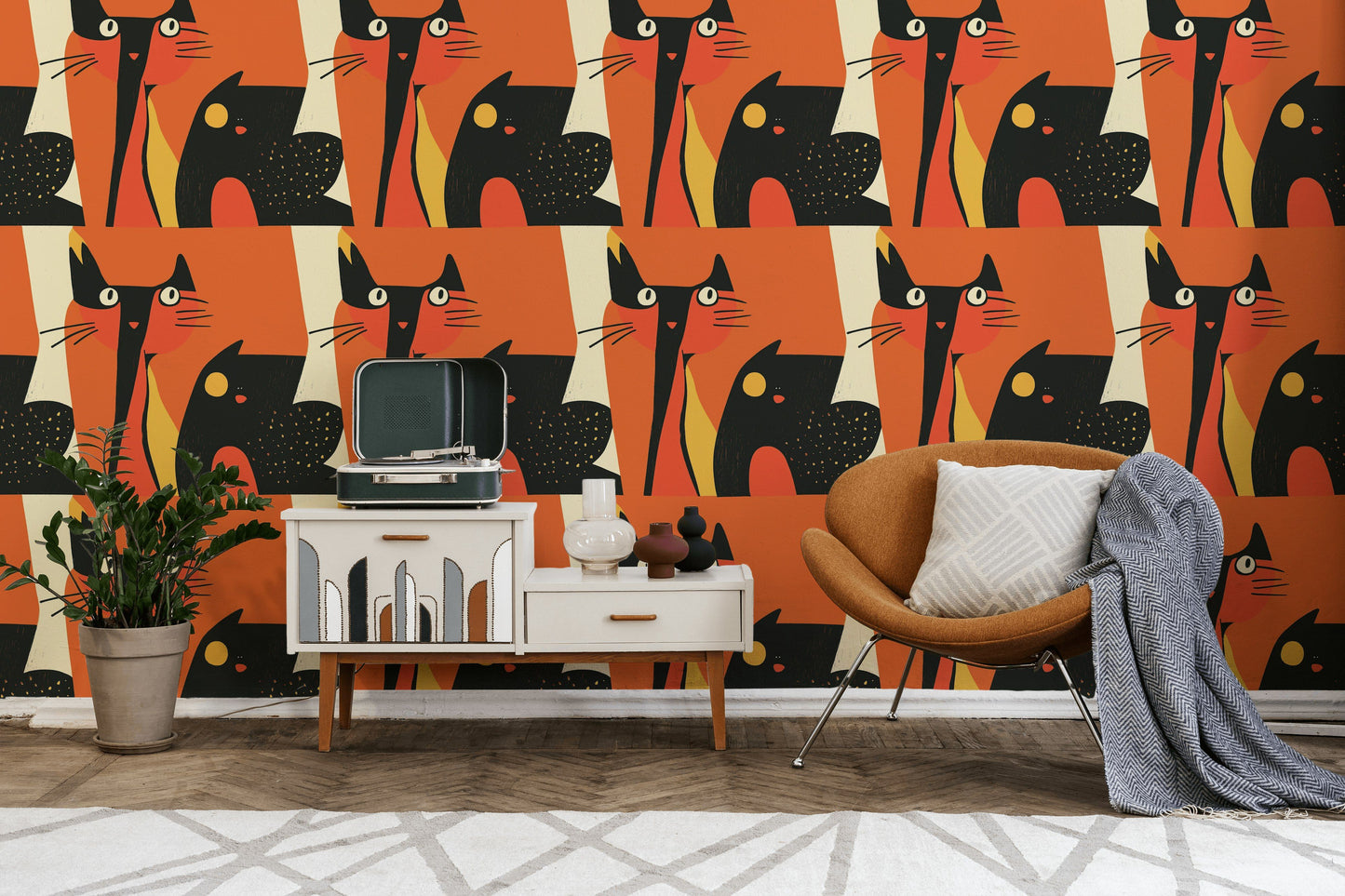 Retro Cat Abstract Wallpaper Orange Wall Mural