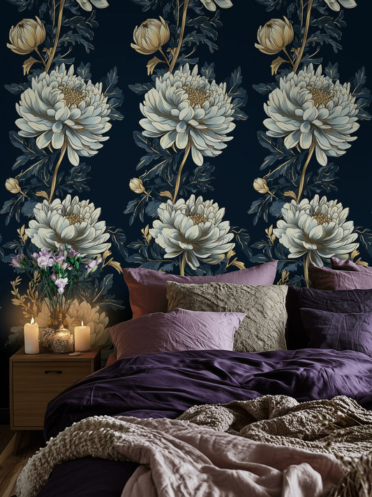 Tall Navy Chrysanthemum Wallpaper Floral Elegance Wall Mural