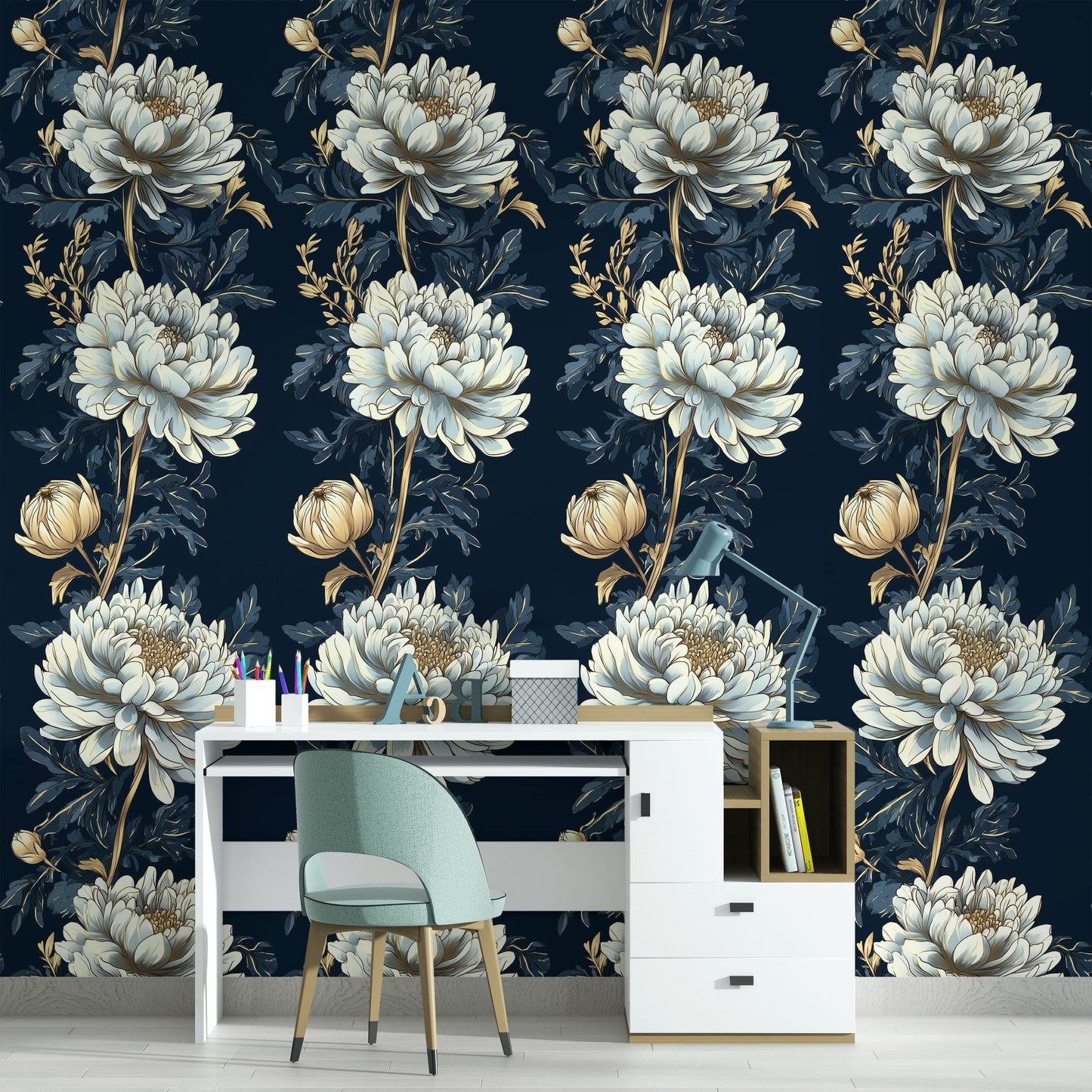 Tall Navy Chrysanthemum Wallpaper Floral Elegance Wall Mural