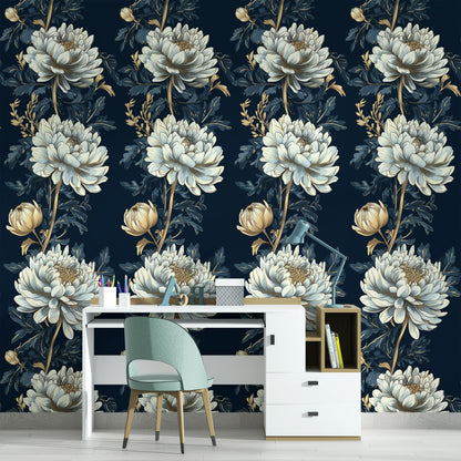 Dark Navy Large Floral Pattern Wallpaper