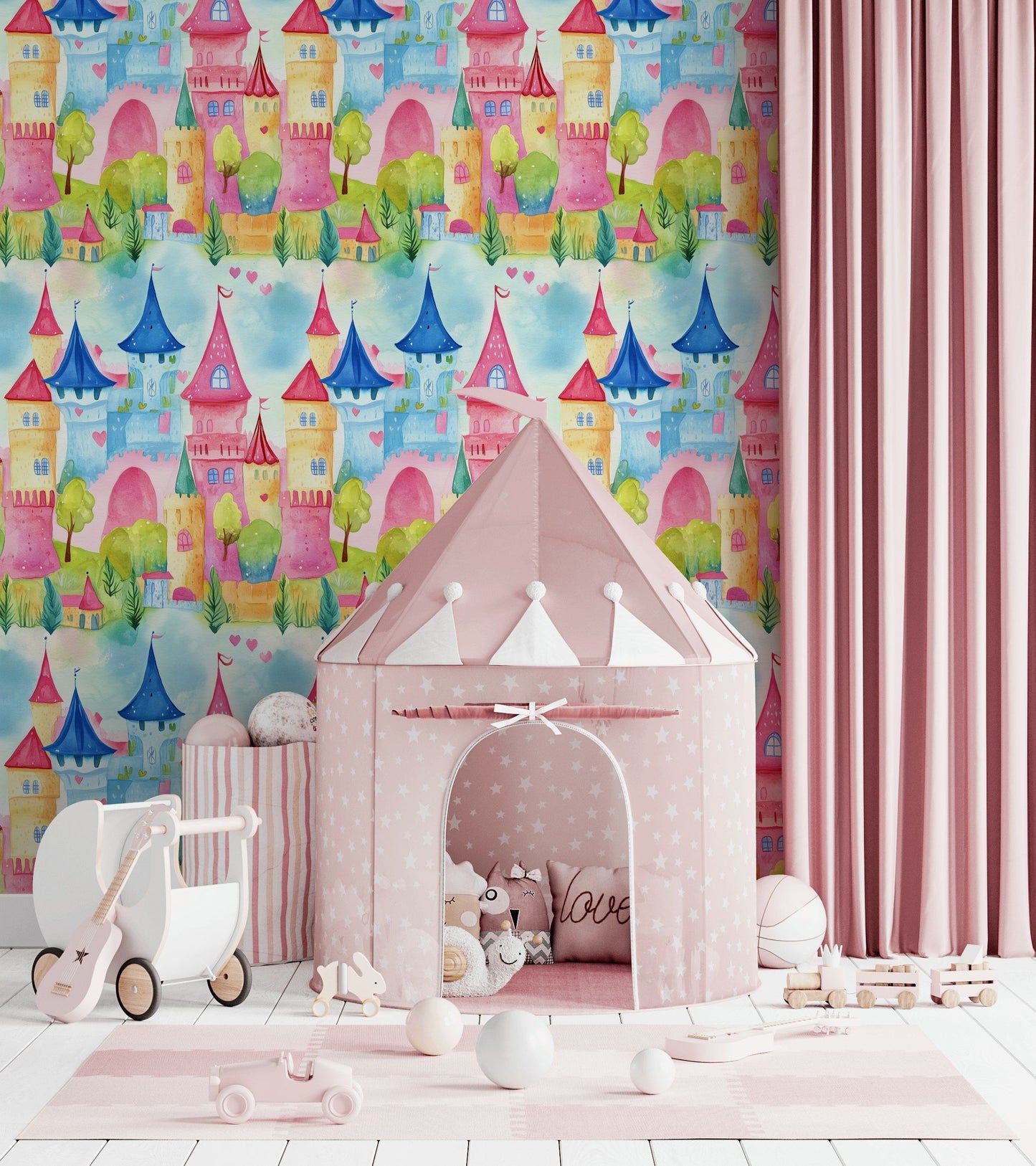 Fairytale Castle Wallpaper Whimsical Pastel Kids Decor