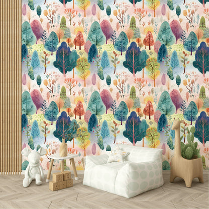 Multicolor Whimsical Forest Pattern Wallpaper