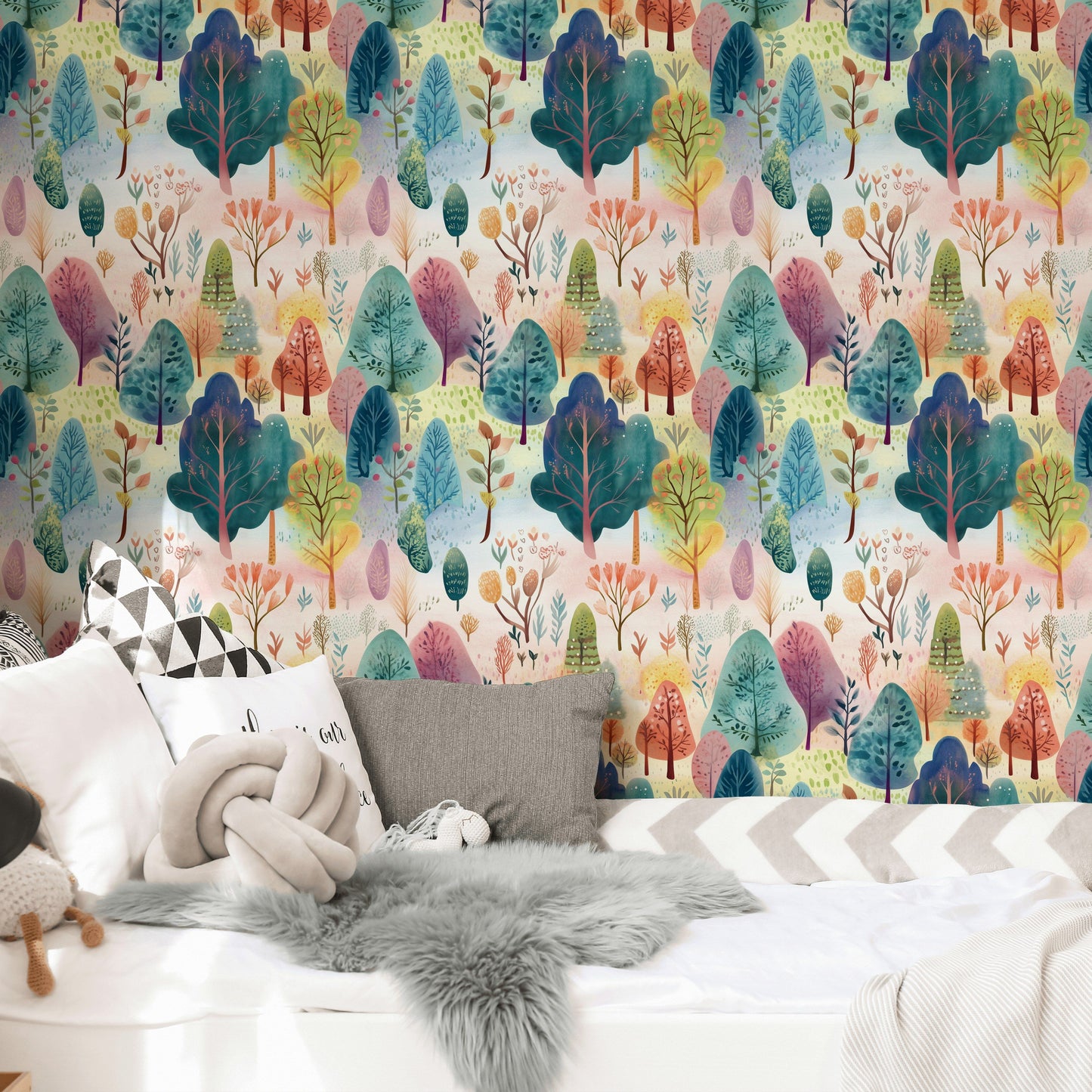 Colorful Pastel Woodland Wallpaper Whimsical Kids Nursery