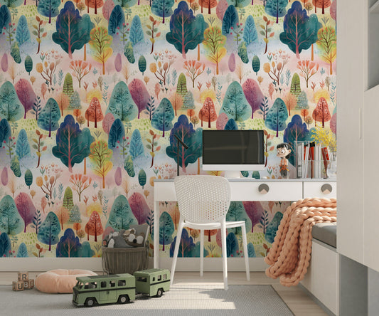 Colorful Pastel Woodland Wallpaper Whimsical Kids Nursery