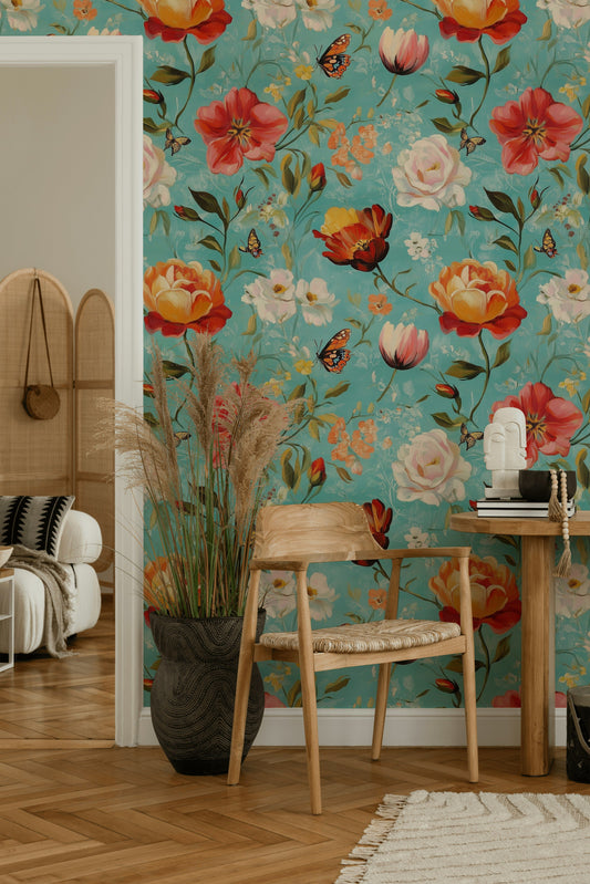 Vintage Floral Wallpaper Teal and Orange Botanical Wall Mural