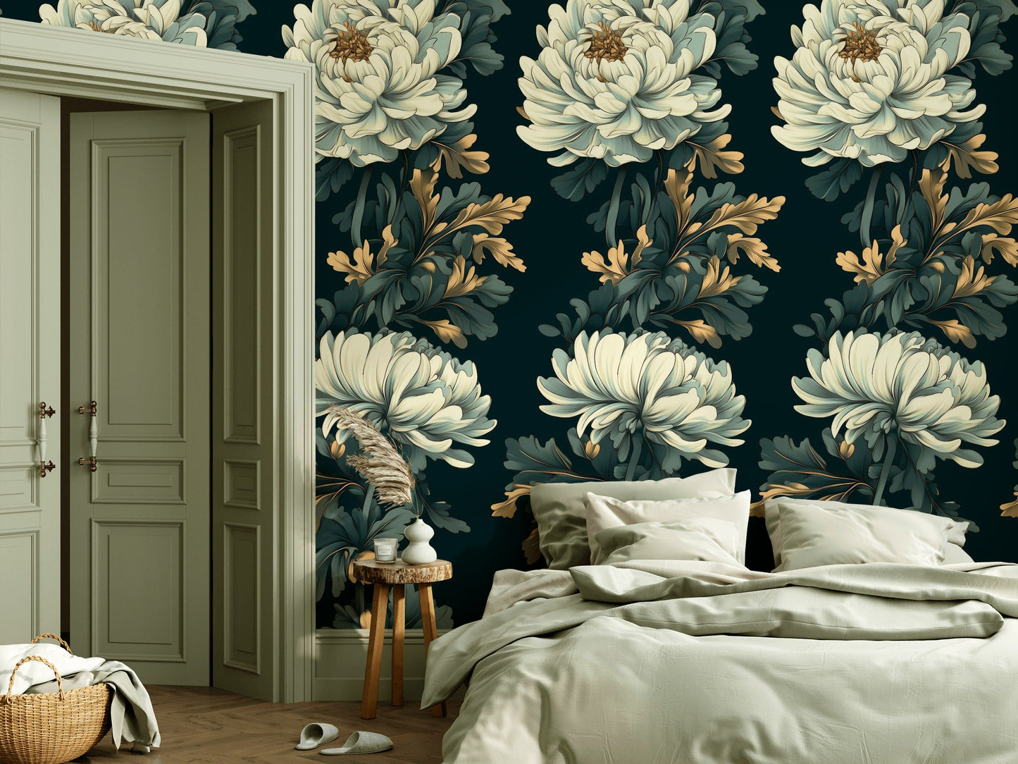 Luxe Chrysanthemum Wallpaper Gold Look Botanical Wall Mural