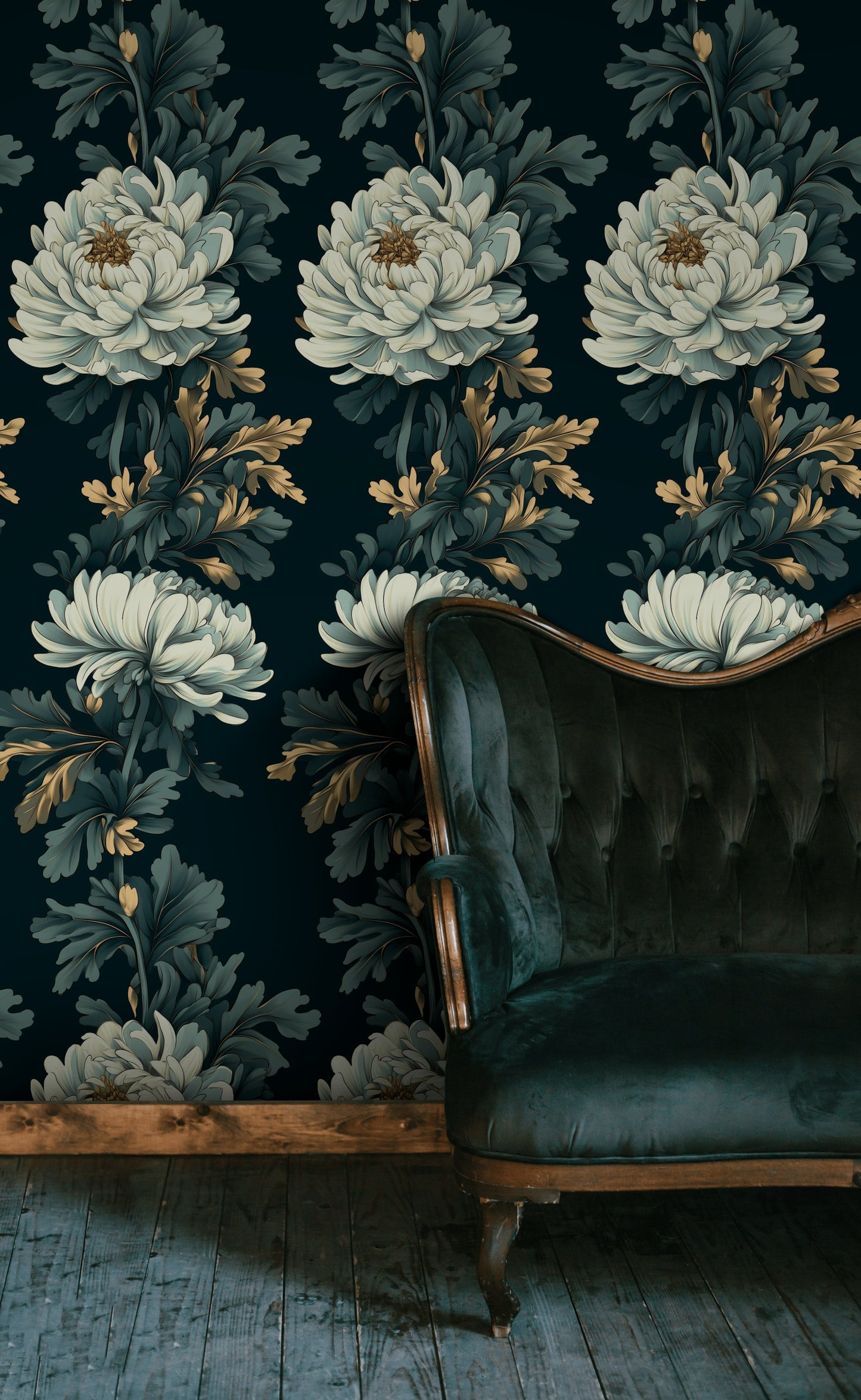 Luxe Chrysanthemum Wallpaper Gold Look Botanical Wall Mural