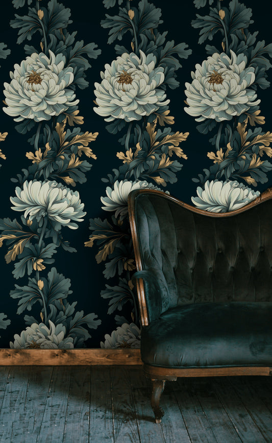Luxe Chrysanthemum Wallpaper Gold Look Botanical Wall Mural