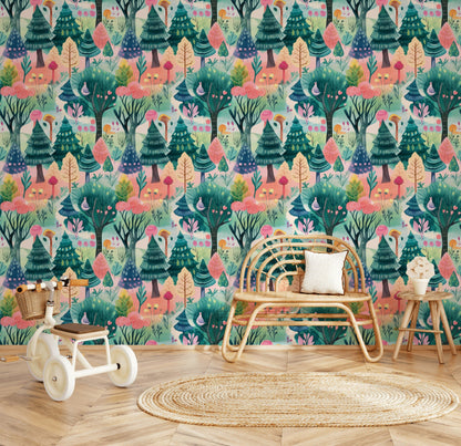 Colorful Woodland Creatures Kids Wallpaper