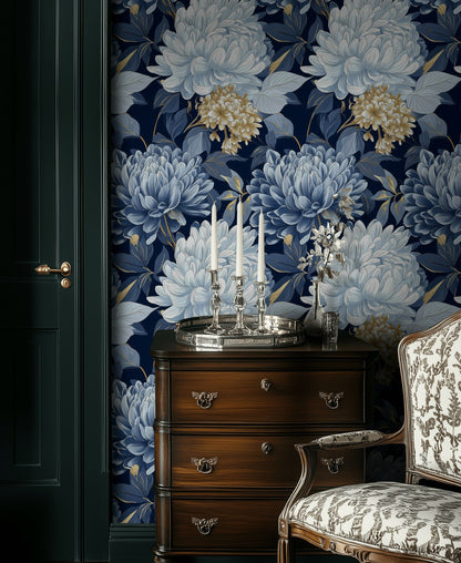 Deep Navy Blue Large Floral Wallpaper