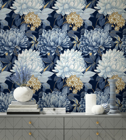 Navy Blue Chrysanthemum Wallpaper Elegant Floral Wall Mural