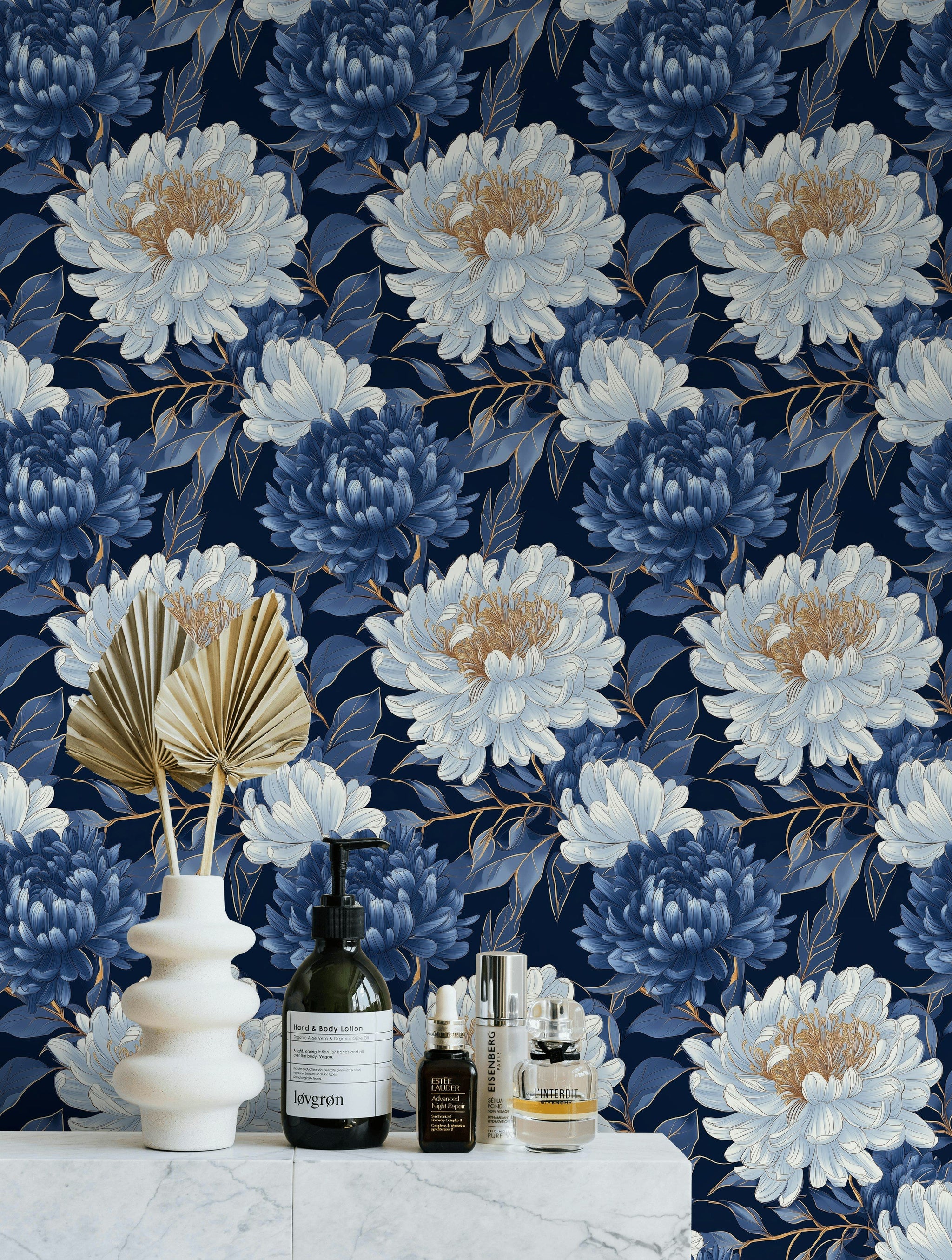 Deep Navy Blue Large Floral Wallpaper