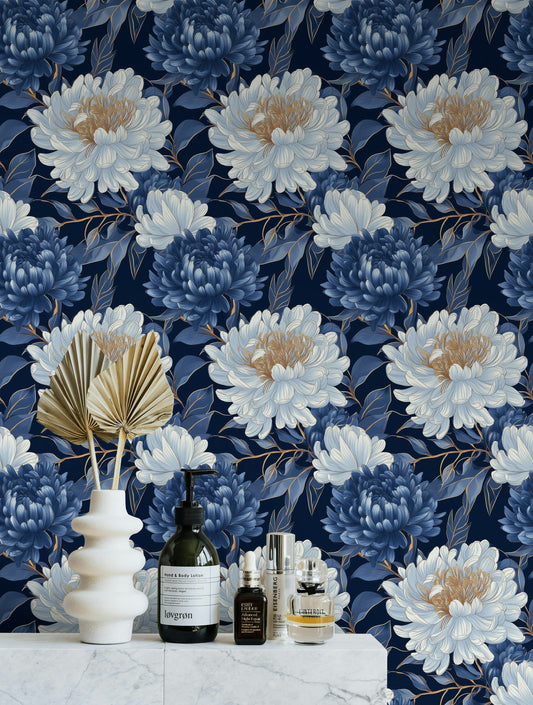 Midnight Chrysanthemum Wallpaper Navy Floral Wall Mural