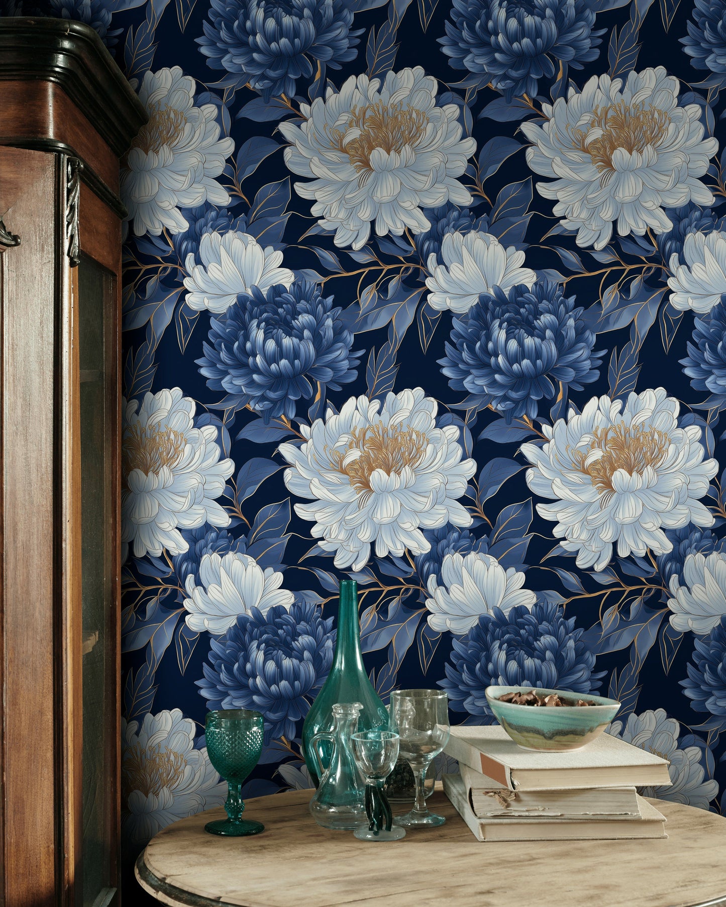 Midnight Chrysanthemum Wallpaper Navy Floral Wall Mural