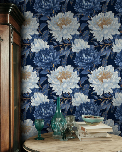 Deep Navy Blue Large Floral Wallpaper