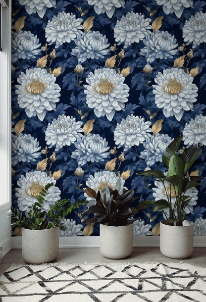 Navy Blue and Gold Look Oversized Floral Wallpaper