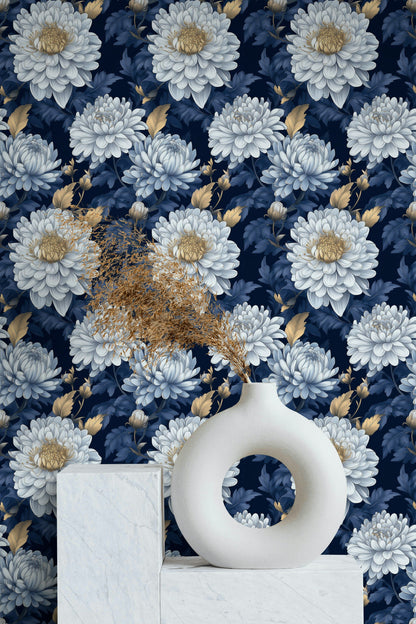 Navy Blue and Gold Look Oversized Floral Wallpaper