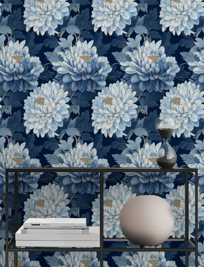 Deep Navy Blue Chrysanthemum Floral Wallpaper