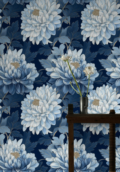 Deep Navy Blue Chrysanthemum Floral Wallpaper