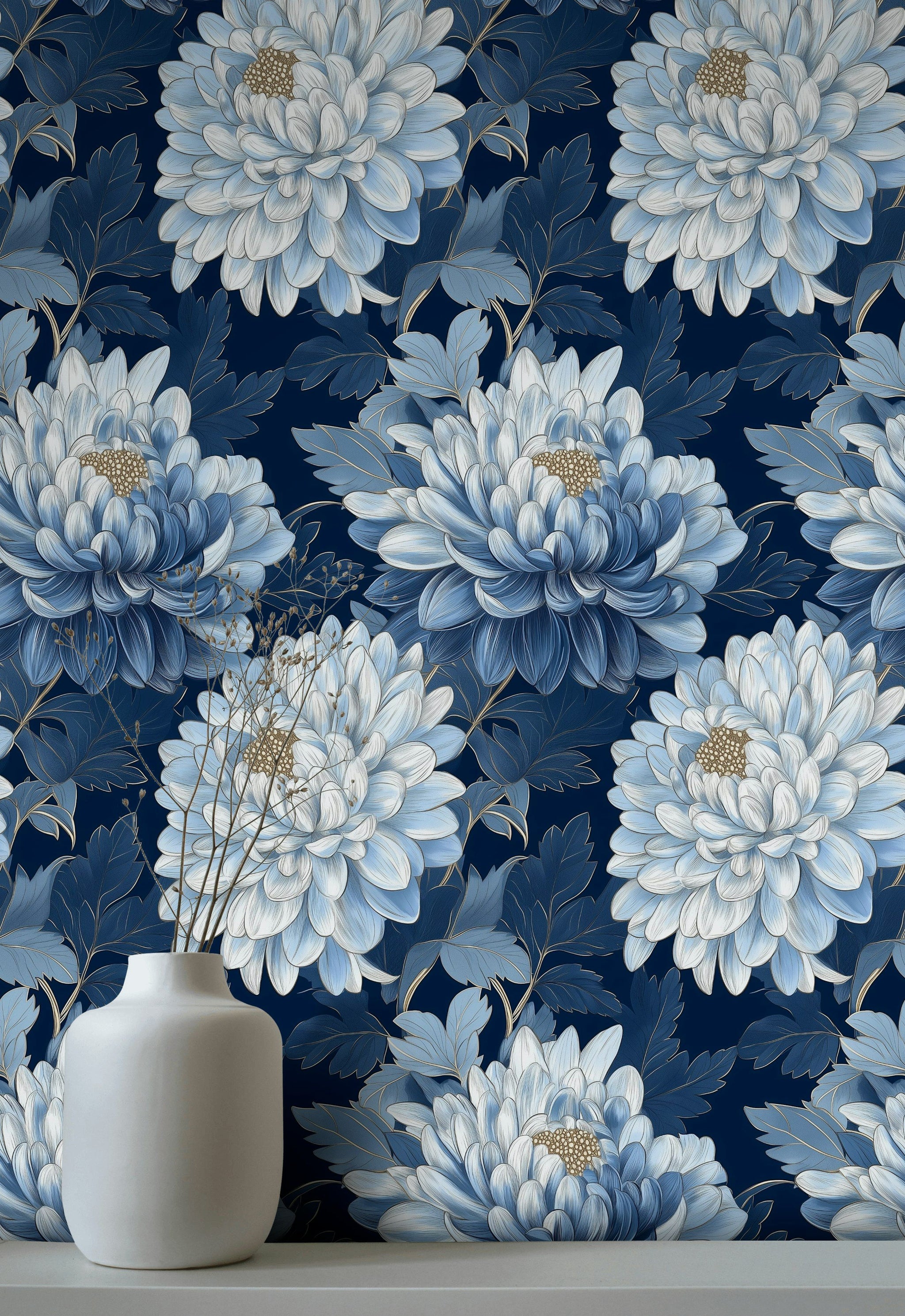 Deep Navy Blue Chrysanthemum Floral Wallpaper
