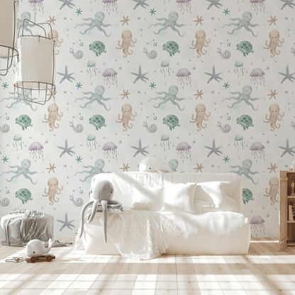 Cream Pastel Sea Creatures Kids Wallpaper