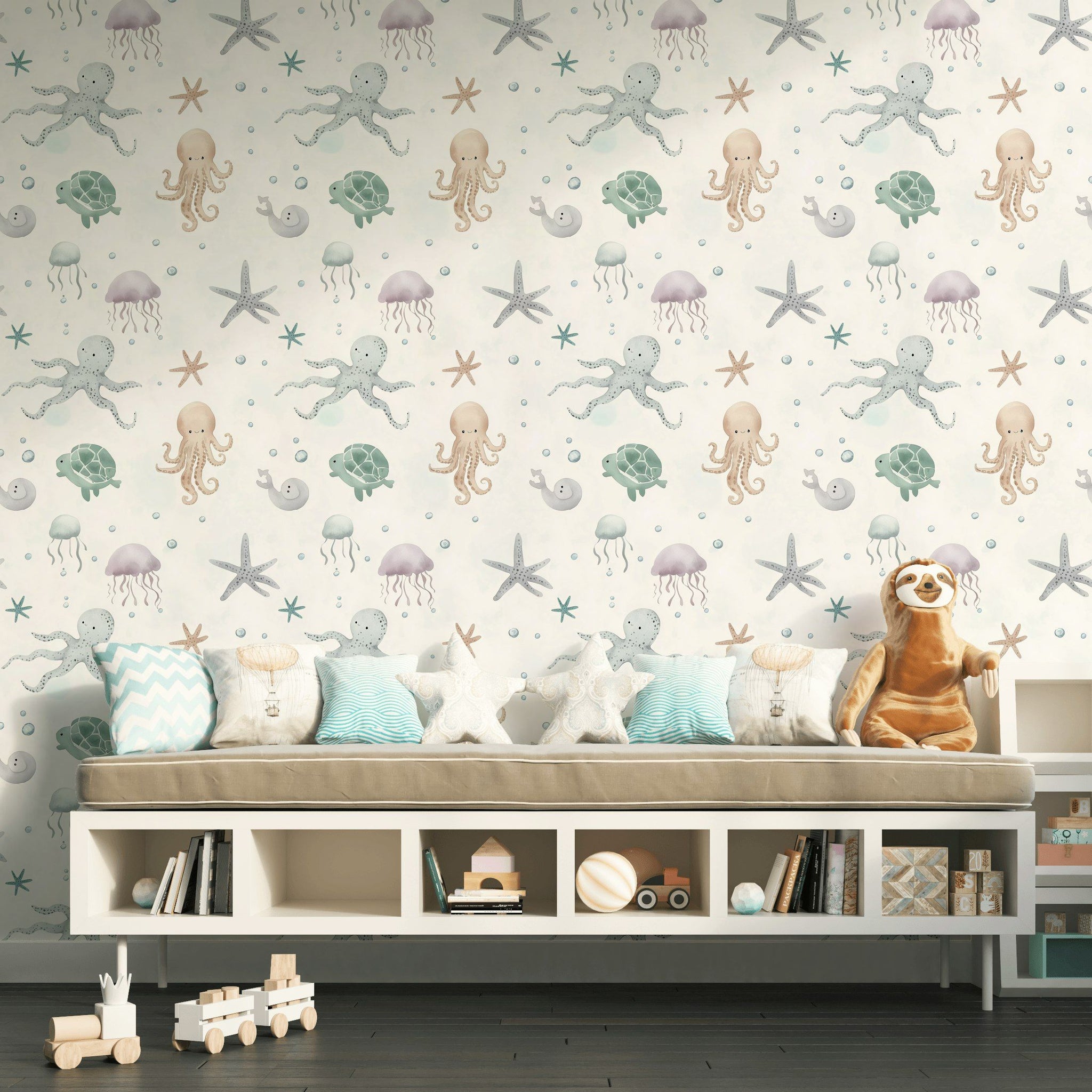 Cream Pastel Sea Creatures Kids Wallpaper