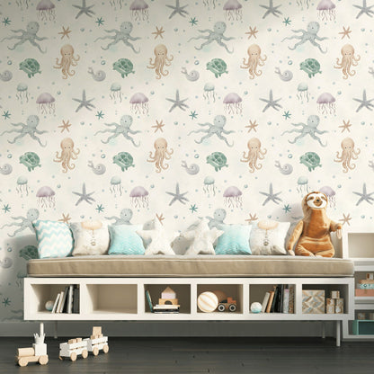 Cream Pastel Sea Creatures Kids Wallpaper