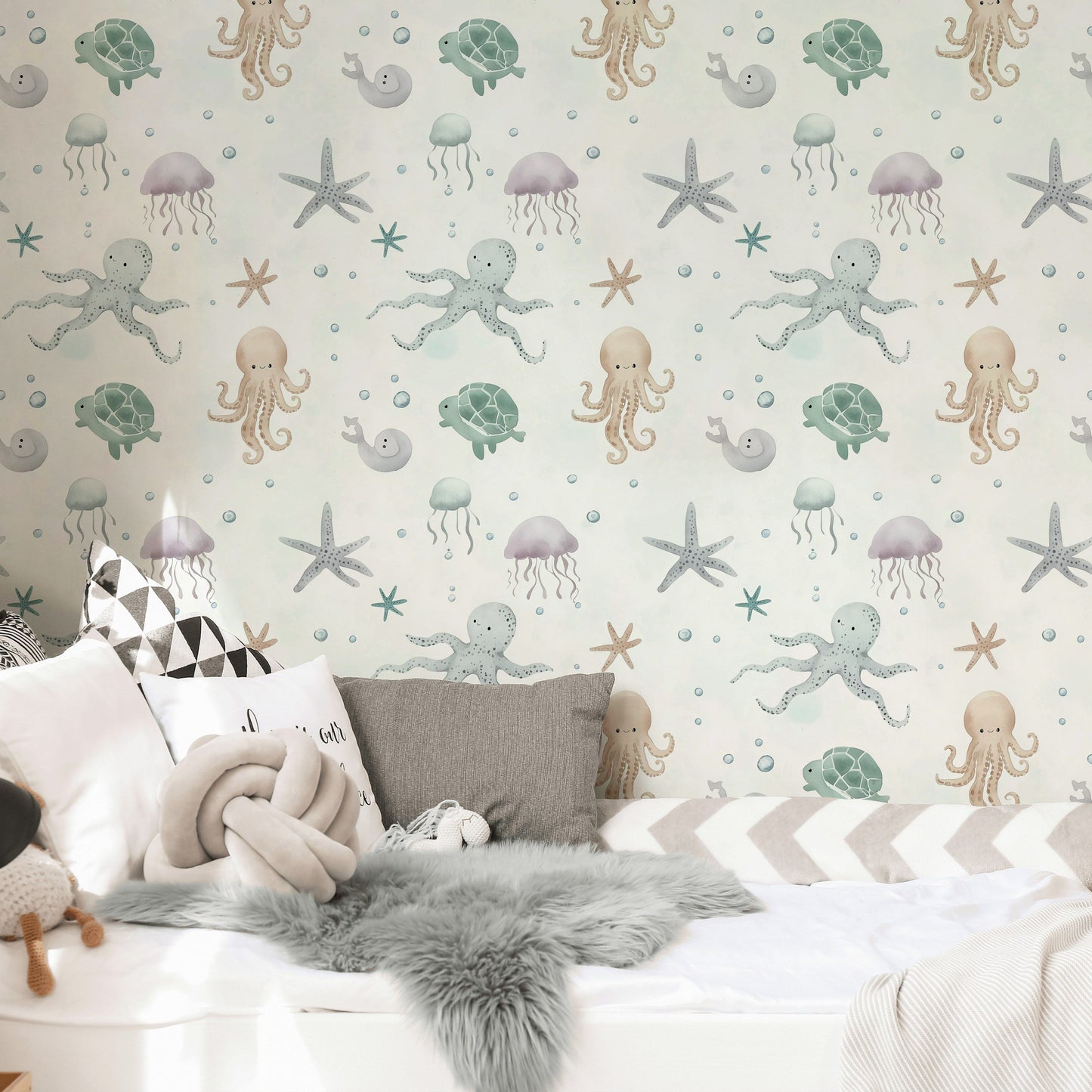 Undersea Octopus & Jellyfish Wallpaper Cute Ocean Decor