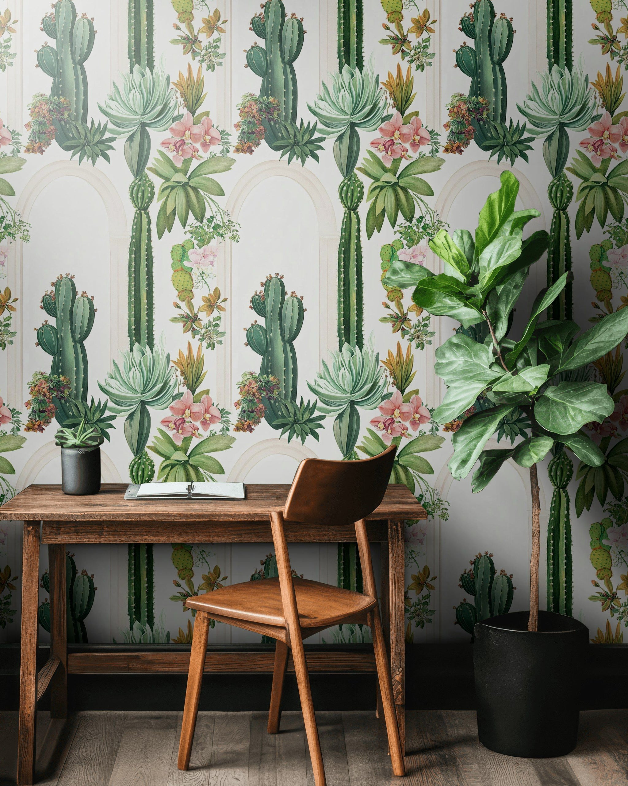 Cream Archway Cactus and Tropical Floral Wallpaper
