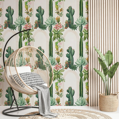 Cream Archway Cactus and Tropical Floral Wallpaper