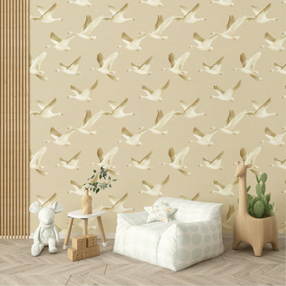 Beige and Cream Flying Birds Wallpaper