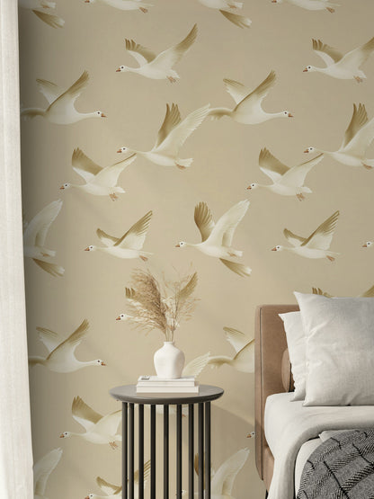 Beige and Cream Flying Birds Wallpaper