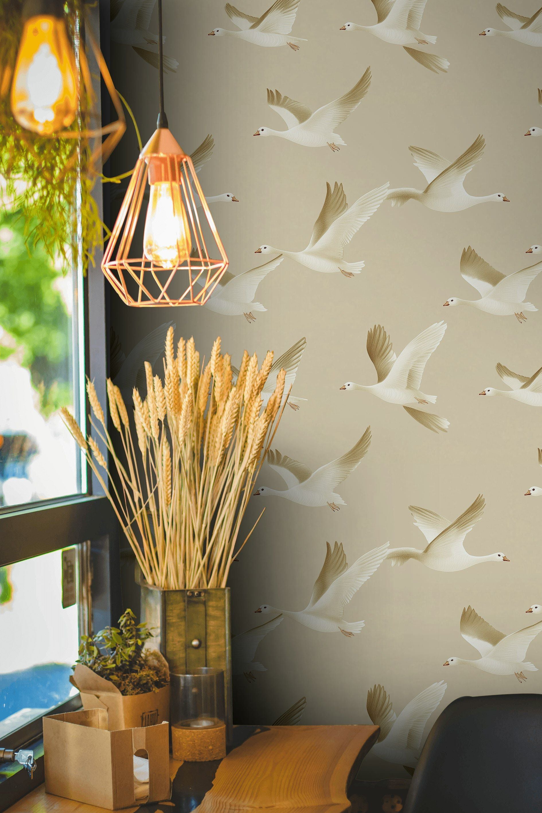 Beige and Cream Flying Birds Wallpaper
