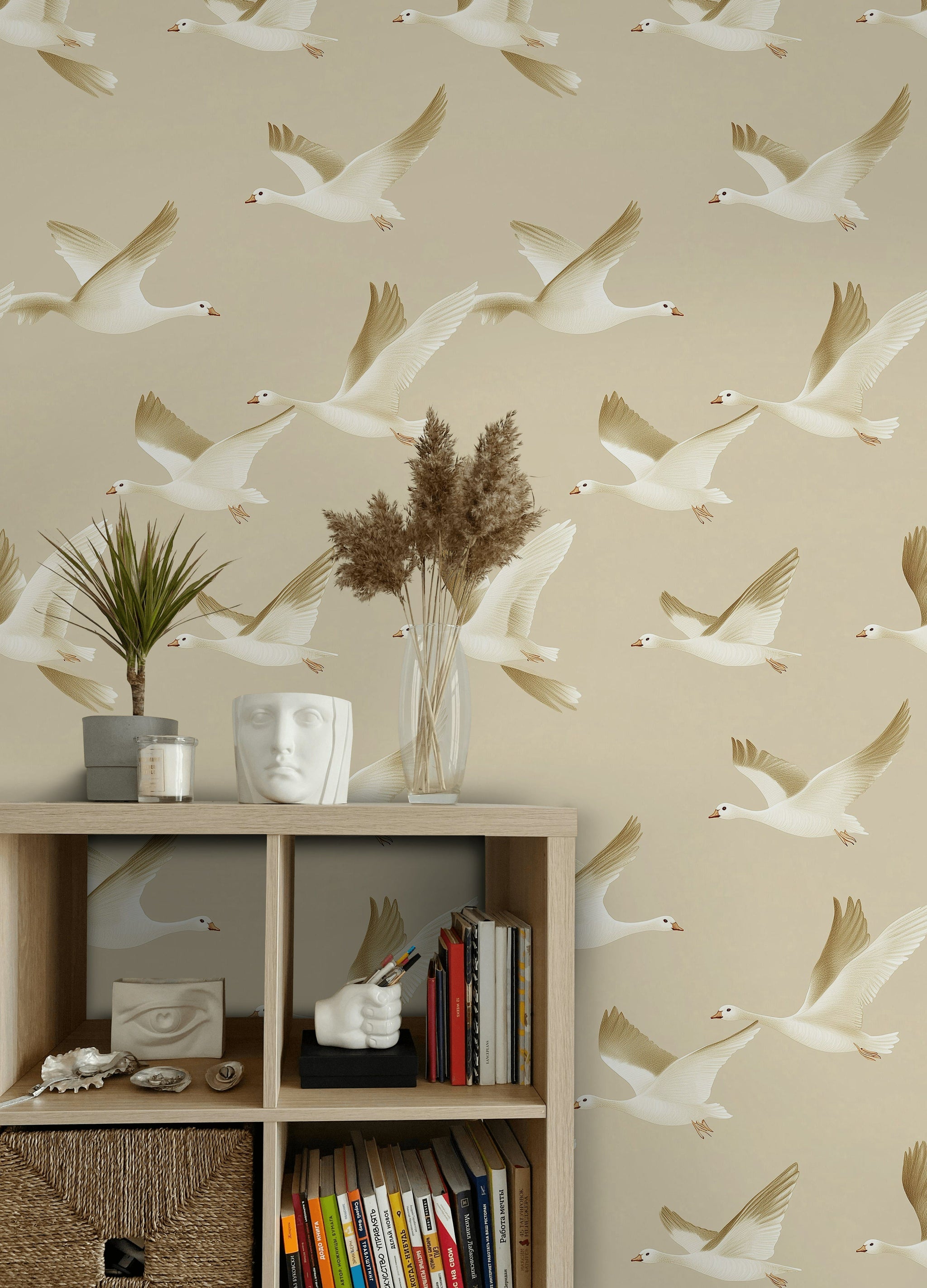 Beige and Cream Flying Birds Wallpaper