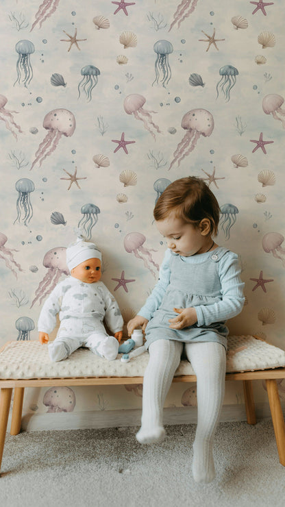 Cream Jellyfish and Seashell Kids Wallpaper